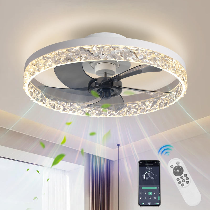 AHAWILL CRYSTAL CEILING FANS WITH LIGHTS, 19.7" FLUSH MOUNT CEILING FAN - WHITE - Like New
