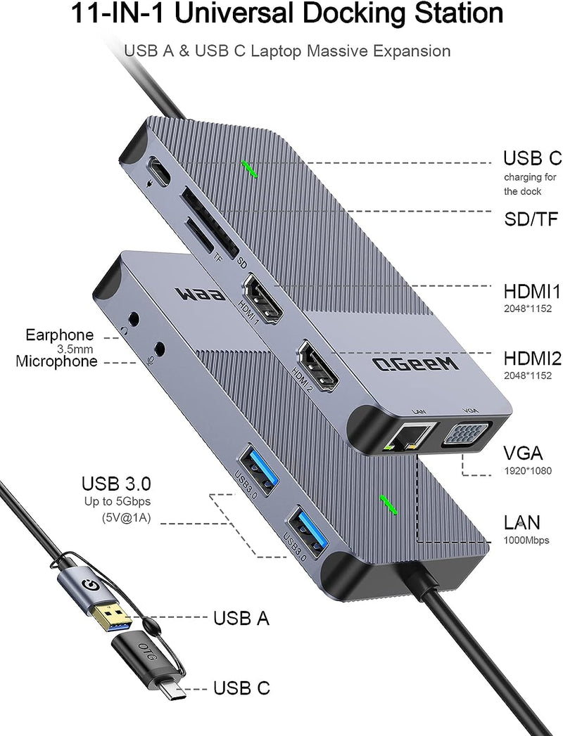 QGeeM USB 3.0 Docking Station, Triple Display USB Hub Dual Monitor D3908 Grey New