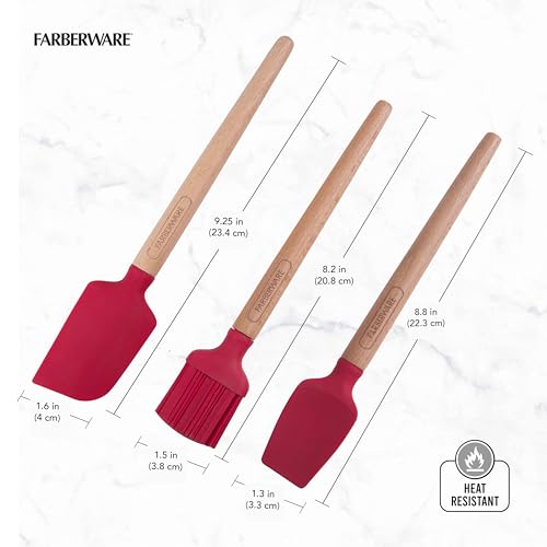 FARBERWARE MINI WOOD BAKING SET, INCLUDES A MINI BASTING BRUSH, SET OF 3 - RED - Brand New