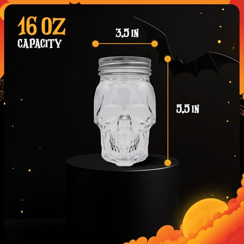 DURA LIVING Set of 2 Skull Mason Jar Glasses with Lids | 16oz - Like New