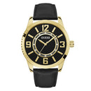 GUESS MEN'S 47MM WATCH - BLACK LEATHER STRAP DIAL GOLD TONE CASE - GOLD/BLACK - Like New