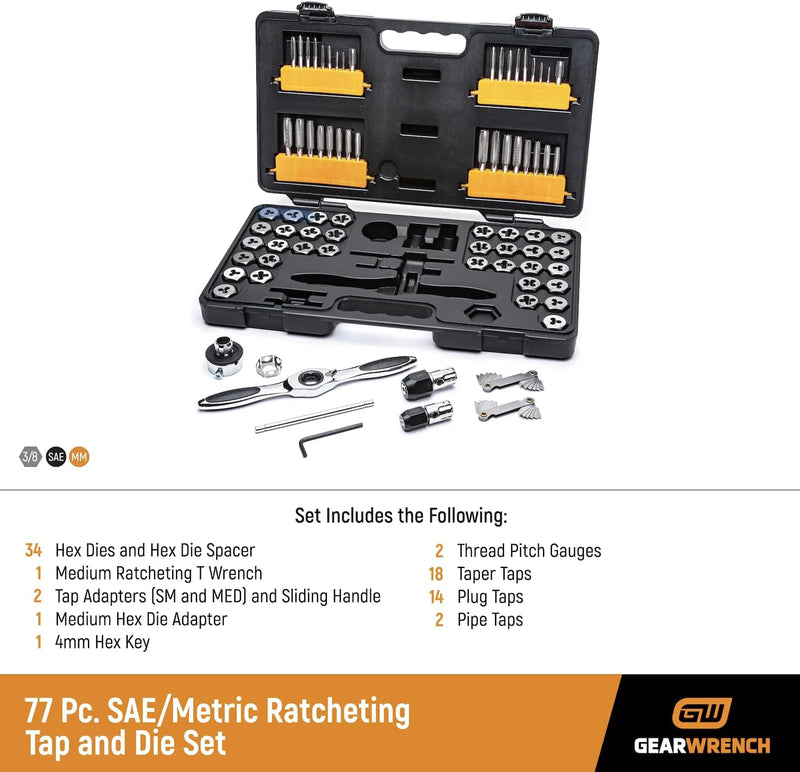 GearWrench 77 Piece SAE/Metric Ractcheting Tap and Die Set - 3887 - Like New