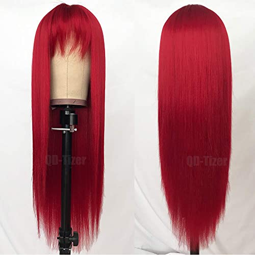 QD-TIZER RED LONG SILKY STRAIGHT WIG BANGS HEAT RESISTANT SYNTHETIC NO LACE WIG - Brand New