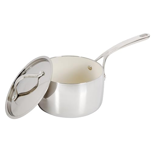 BLOOMHOUSE 3-QT TRIPLY SAUCE PAN W/NON-STICK INTERIOR - LINEN WHITE - Brand New