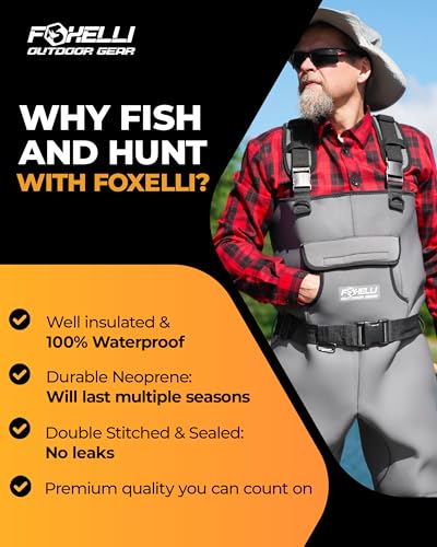FOXELLI CHEST WADERS, 4MM NEOPRENE HUNTING & FISHING WADERS MEN 7 - GRAY - Like New