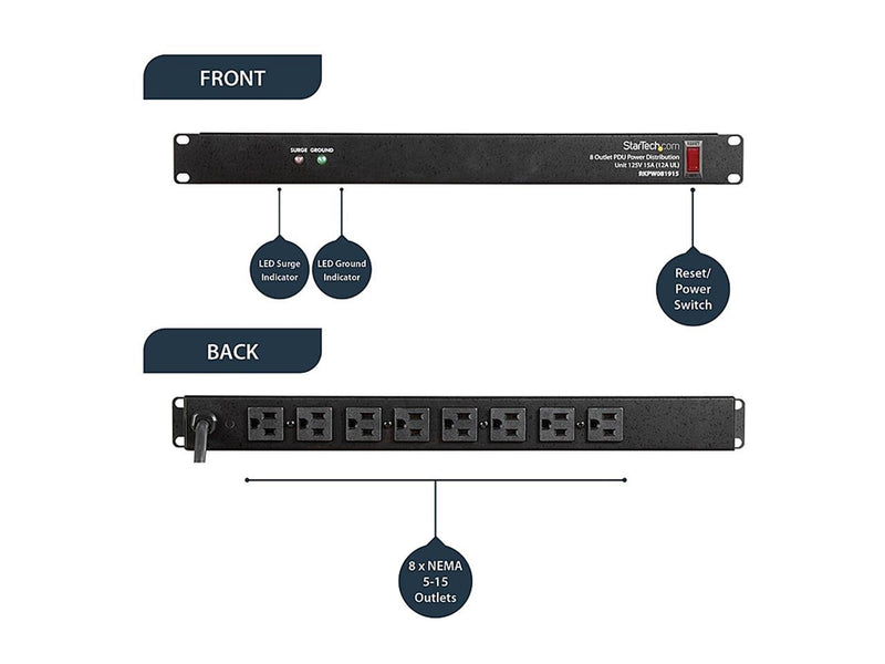 StarTech.com RKPW081915 Rackmount PDU with 8 Outlets with Surge Protection - 19