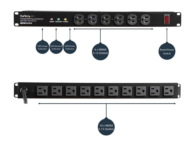 StarTech.com RKPW161915A 19in 1U Rackmount 16 Outlet PDU Power Distribution Unit