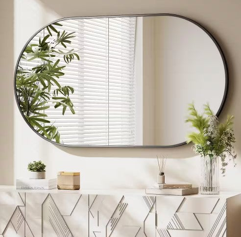 XRAMFY 17IN. W X 30IN. H OVAL CLASSIC ALUMINUM ALLOY FRAMED WALL MIRROR - BLACK - Like New