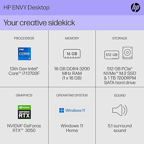 HP Envy Desktop PC i7-13700F 16GB 512GB SSD + 1TB HDD RTX 3050 TE01-4050 - Black - Like New