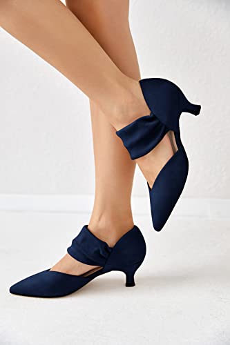 COUTGO WOMENS LOW KITTEN HEEL DRESS POINTED TOE SLIP ANKLE STRAP, SIZE 6 - NAVY - Like New