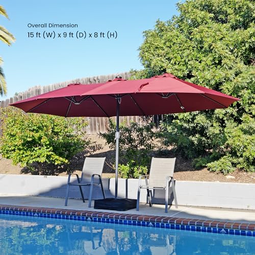 HOME ZONE LIVING 15X9FT DOUBLE HEAD PATIO UMBRELLA WITH BASE - BURGUNDY RED - Like New