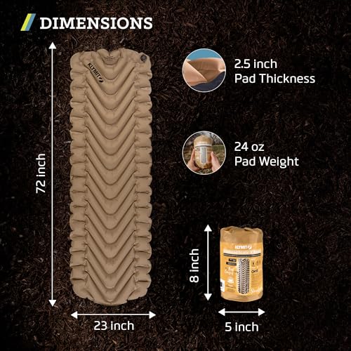 KLYMIT STATIC V INFLATABLE SLEEPING PAD, 3", 06IVCY01CEU - COYOTE SAND INSULATED - Like New