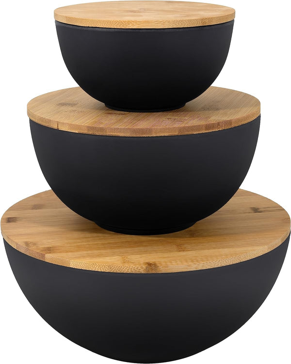 Bremel Large Black Salad Bowls with Bamboo Lids - Set of 3 - BLACK - Like New