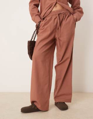 ASOS DESIGN LINEN LOOK PULL-ON PANTS - SIZE: WOMEN L - MOCHA - Like New