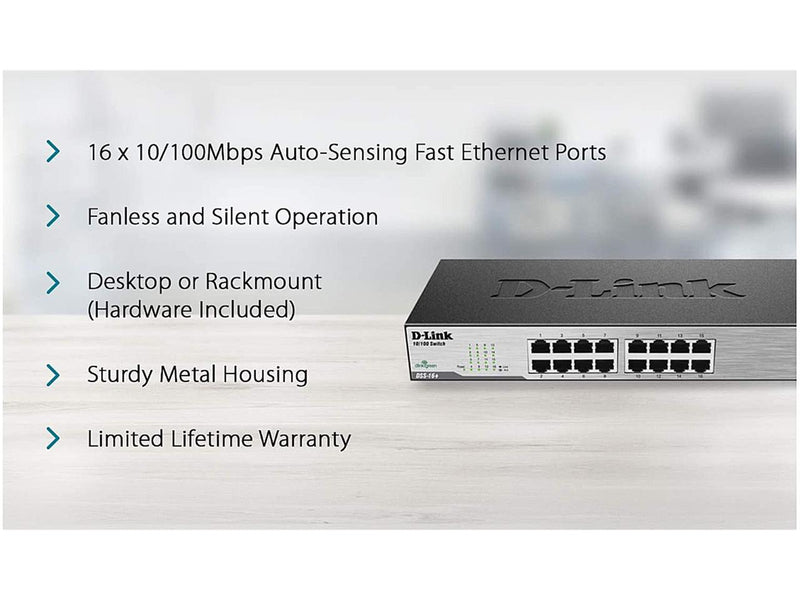 D-Link Ethernet Switch, 16 Port 10/100 Unmanaged Desktop, Fanless Rackmount