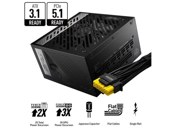 MSI - MPG A1000G PCIE5, 80+ GOLD Full Modular Gaming PSU, 12V-2x6 Cable, 5080