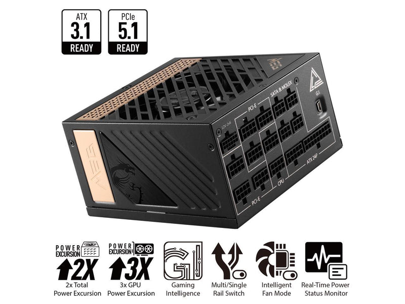 MSI - MEG Ai1300P PCIE5, 80+ PLATINUM Full Modular Gaming PSU, 12V-2x6 Cable,