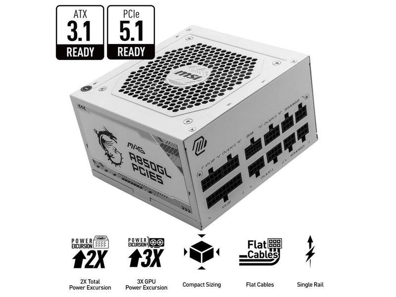 MSI - MAG A850GL PCIE5 WHITE, 80+ GOLD Fully Modular Gaming PSU, 12V-2x6 Cable,