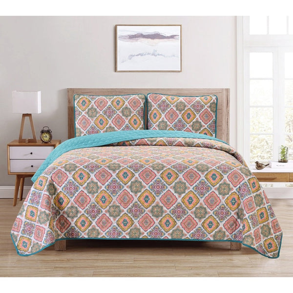 DAN RIVER REVERSIBLE PRINTED QUILT SET 3 PIECE - KING - AQUA BOHO - ORANGE GREEN - Brand New