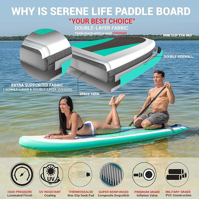 SereneLife Thunderwave Inflatable Paddle Board With Carry Bag SLSUPB20 - Olive Like New