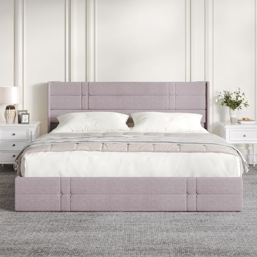 NOVILLA KING SIZE LIFT UP STORAGE BED FABRIC HEADBOARD HYDRAULIC STORAGE - BEIGE - Like New
