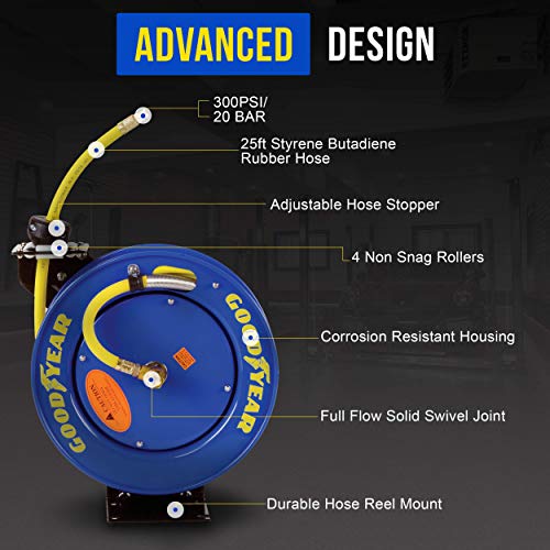 Goodyear Air Hose Reel Retractable 3/8" x 25' Premium Commercial SBR GUR006 - Like New