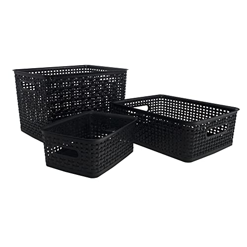 ADVANTUS WEAVE DESIGN PLASTIC MEDIUM BIN, 13.75"L BY 10.5"W BY 4.625"H, BLACK - Like New
