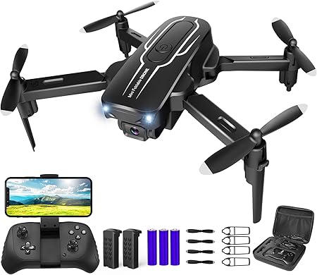 MINI DRONE 1080P HD FPV CAMERA DRONES WITH 90° ADJUSTABLE LENS 2 BATTERIES BLACK Like New