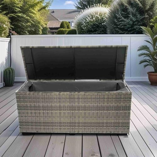 BED BATH & BEYOND GREY WICKER OUTDOOR CUSHION STORAGE BOX 113 GALLON - SILVER - Like New