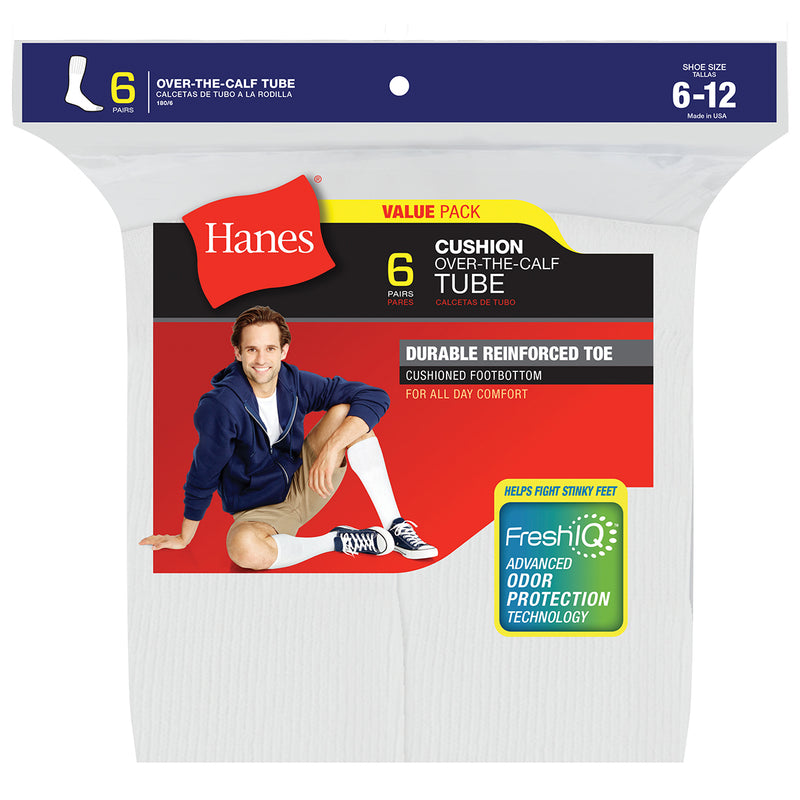 HANES OTC TUBE SOCK WHITE 6 PACK  6-12