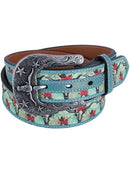 ARIAT Women's Longhorn Floral Print Western Belt, Turquoise, Medium - Brand New