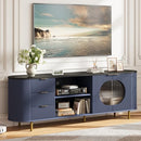 69-inch Curved TV Stand with Wavy Acrylic Doors & Large Storage - Dark Blue - Like New