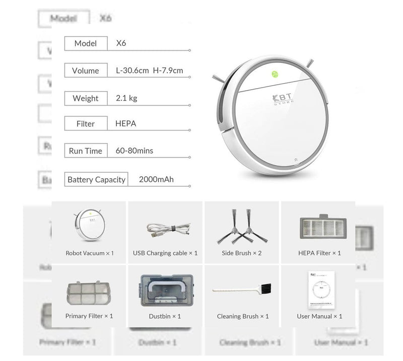 KBT X6 ROBOT VACUUM 80 MINUTE BATTERY LIFE,1800PA SUCTION - - Scratch & Dent