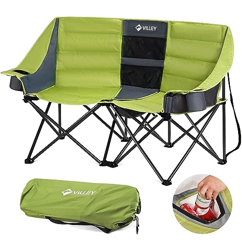 VILLEY Double Camping Chair w/Cooler Bag, Extra Wide Loveseat, 600LBS - GREEN - Like New