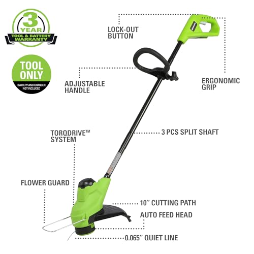 GREENWORKS 24V 10" CORDLESS TORQDRIVE STRING TRIMMER TOOL ONLY STG308 - GREEN - Like New