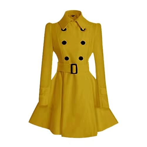 ForeMode Women Wool Pea Coat with Belt Buckle Spring Mid Long Sleeve Yellow XXL - Brand New