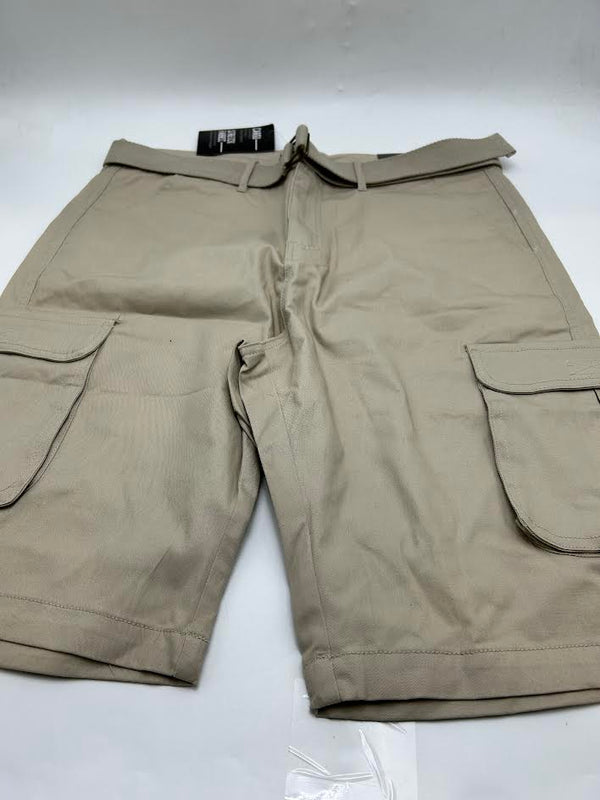 BLU ROCK MEN'S SLIM FIT STRETCH BELTED CARGO SHORTS - SIZE: MEN 36 - STONE - Brand New