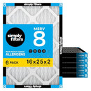 SIMPLY FILTERS 16"X25"X2" MERV 8 FPR 5 PLEATED FURNACE AIR FILTER 6-PACK WHITE - Brand New