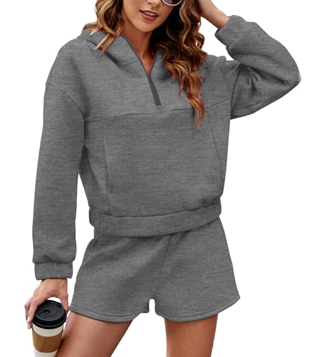 FKEEP WOMENS HALF ZIP HOODIE SWEAT WITH SHORTS POCKETS OUTFIT DARK GRAY XL - Brand New