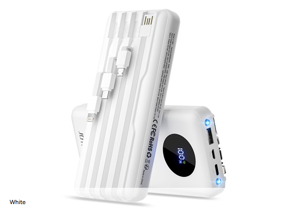 JOYFAR 30,000MAH 22.5W FAST CHARGING POWERBANK W/BUILT-IN CABLES - WHITE - Like New
