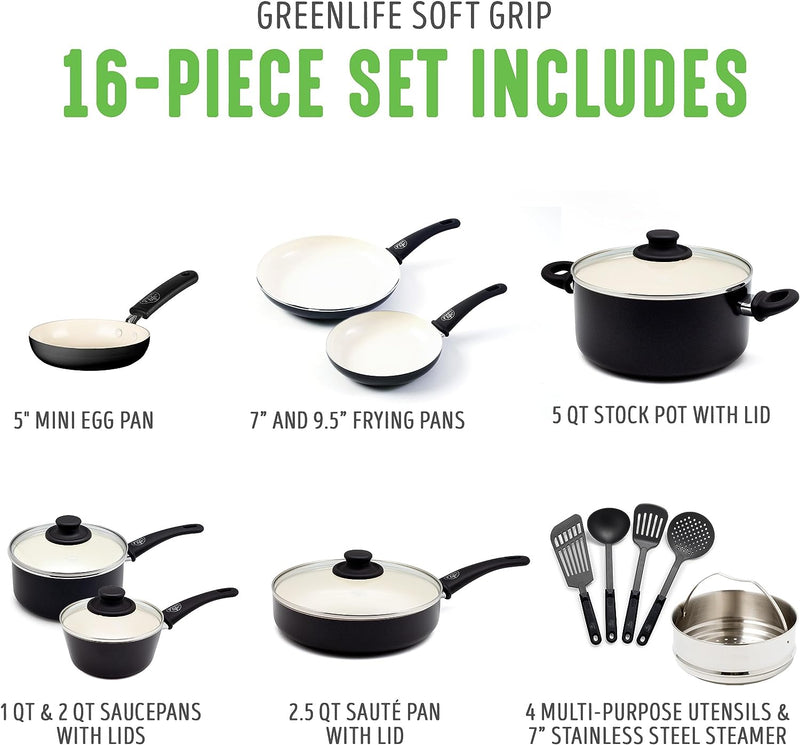 GreenLife Soft Grip Healthy Ceramic Nonstick 16 Piece Kitchen Pots - Black/Cream Like New