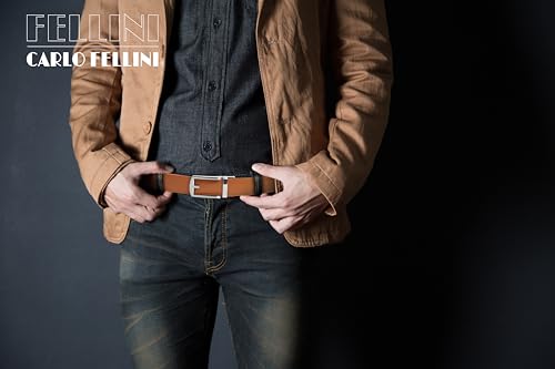 CARLO FELLINI GENUINE LEATHER RATCHET BELT - TAN BELT / SILVER BUCKLE 52 INCH - Brand New