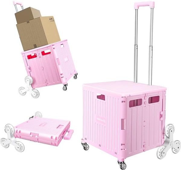 Honshine XZ-1 Foldable Cart, Collapsible Rolling Crate Telescoping Handle - Pink Like New