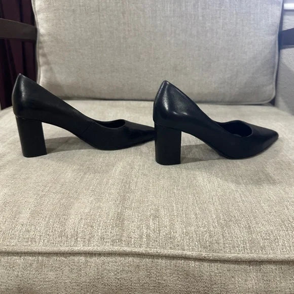 DELTAN REMI LEATHER BLOCK HEELS - SIZE: WOMEN 7 - BLACK - Like New