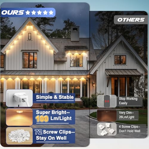 BRIGHTEVER PERMANENT OUTDOOR LIGHTS ALL SEASON WARM WHITE INDOOR, 100FT, 72 LEDs - Brand New