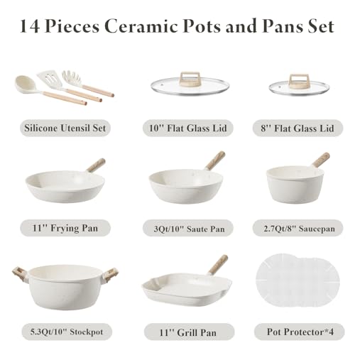 BAZOVA 14 Piece Pots Pans Set Non Stick Premium Ceramic Cookware - Cream White - Like New