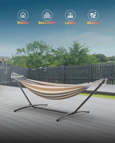 EVERYFUN DOUBLE HAMMOCK WITH SPACE-SAVING STEEL STAND 2P WT 600LB - DC COFFEE - Like New