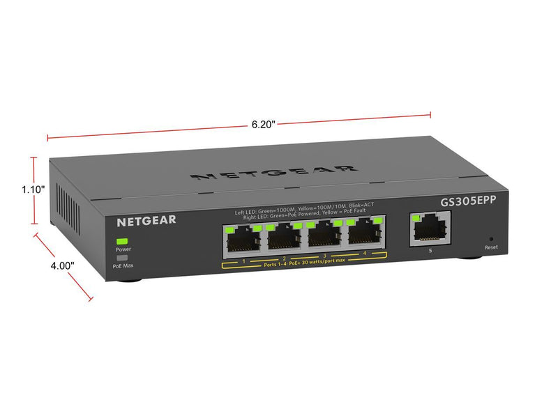 NETGEAR 5 Port PoE Gigabit Ethernet Plus Switch (GS305EPP) - with 4 x PoE+ @