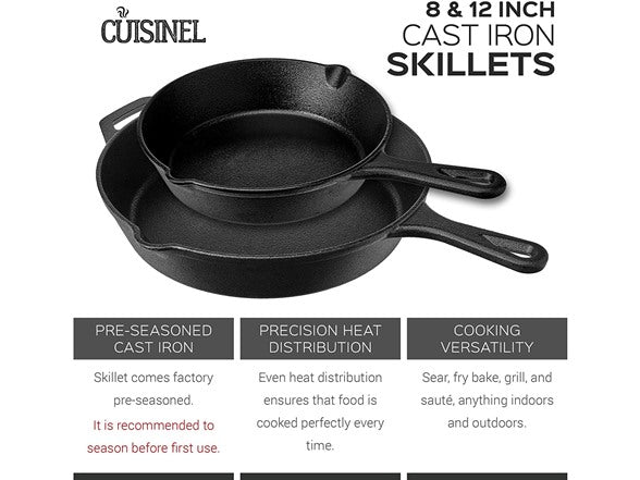 Cuisinel Cast Iron Skillet Lid Set of 2 Kitchen Cookware 8” 12" C12608 - Black - Like New