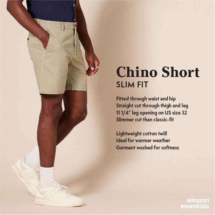 AMAZON ESSENTIALS MEN'S SLIM-FIT 7" CHINO SHORT SIZE: MEN 28 STONE - Brand New
